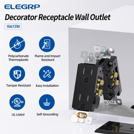 ELEGRP Decorator Wall Receptacle Outlet, Tamper Resistant 15 Amp Standard Electrical Wall Outlet, Residential Grade, Self-grounding, 125V, 2 Pole 3 Wire, 5-15R, UL Listed, Glossy Black, 20 Pack