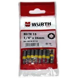 Würth 10x TX15 Bit 1/4 Zoll x 26mm TX 15 C 6,3 Antrieb Schrauben 06143115 Innensechskant