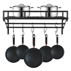 ILWorkTLs Wall Mounted Pot Rack with 2 Hanging Rails and 10 Hooks,Large Hanging Pot and Pan Organizer,Wall Storage Shelf for Kitchen,Black