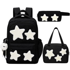 SilTriangle 3 Pcs Y2K Star Backpack Set with Lunch Bag Pencil Case, Back to School Kawaii Bookbag with Cute Plush Accessories Preppy Grunge Trendy Backpack College Casual Day Pack for Women Black