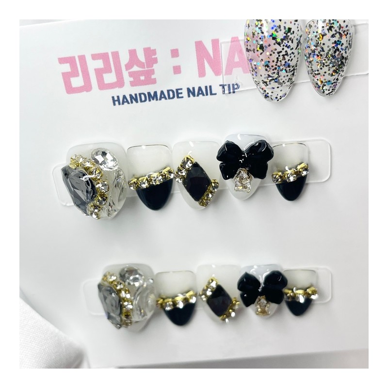 Gold Black Diamond Handmade Nail Tips - Short Ballerina /