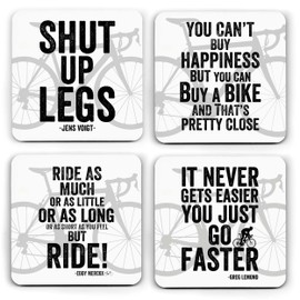 Premium Cycling Quote Coasters Set - Cork-Backed Coasters with Inspirational Sayings from Jens Voigt, Eddy Merckx, Greg LeMond - Pack of 4