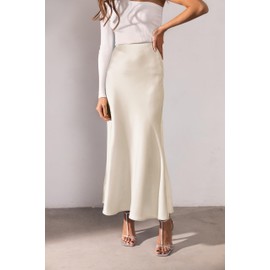 Amy Babe Women's Satin Silky High Waist Maxi Skirt Elegant Elastic Waistband A Line Long Skirts, Beige, Large