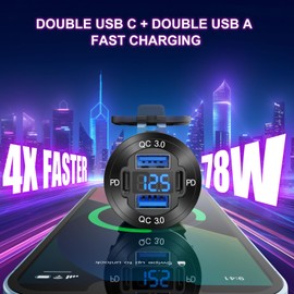 Cargador de aluminio mejorado de 4 puertos USB de 12 V, 78 W Dual PD y QC, puerto USB múltiple para coche, encendedor de cigarrillos USB C, enchufe de 12 voltios con voltímetro impermeable para barco