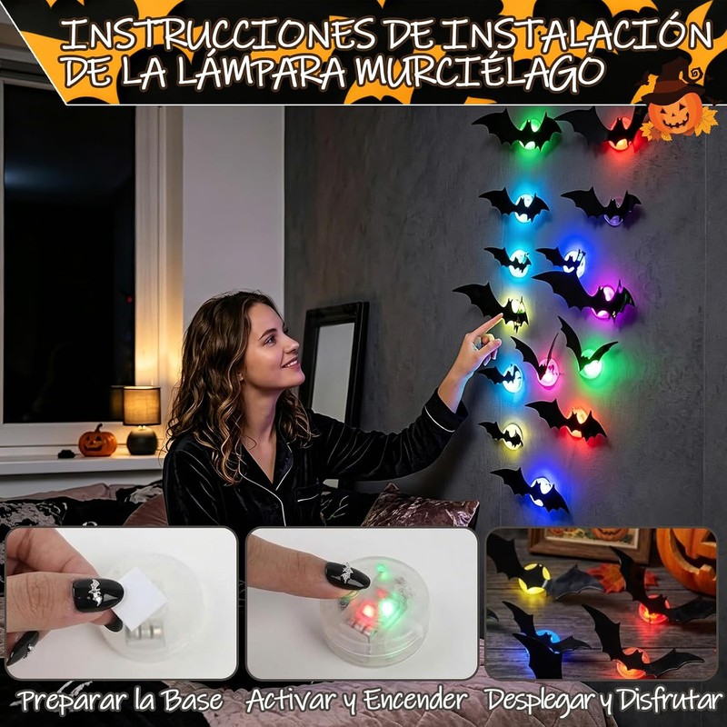 45pc Murciélagos decoración de halloween,murcielago de decoracion,murcielagode halloween,4 Tamaño,3D,Luminoso,PVC Impermeable,Murciélagos