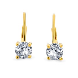 Traditional Bridal Round Brilliant Cut 1CT AAA CZ Solitaire Drop Earrings For Women Teens Yellow Gold Plated .925 Sterling Silver Leverback