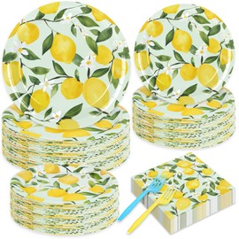 FYSUIMU 96 Pcs Lemon Party Decorations Summer Lemon Birthday Party Supplies Plates Napkins and Forks for Yellow Lemon Baby Shower Bridal Shower Serves 24