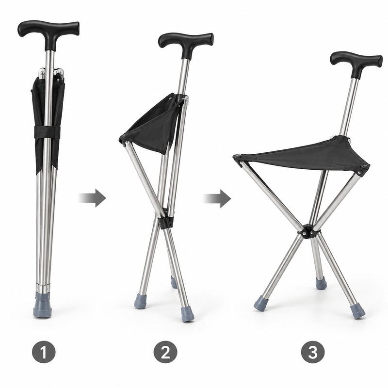 Foldable Walking Stick with Seat for Outdoor Use – Adjustable
