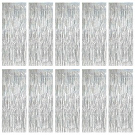 10 Pack Silver Foil Curtain Backdrop 3.2ft x 6.6ft Glittering Metallic Tinsel Fringe Streamer Photo Booth Backdrop for Birthday Party Engagement Bachelorette Holiday Decorations (Silver)