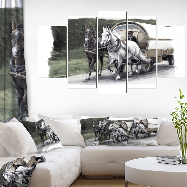 Designart Horse Cart Black and White-Animal Painting Canvas Art-60x32 5