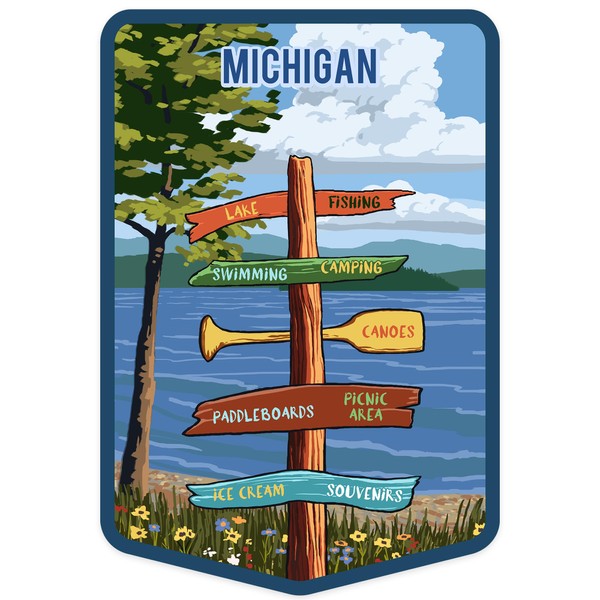 Die Cut Sticker Michigan, Signpost, Lake and Flowers Vinyl Sticker