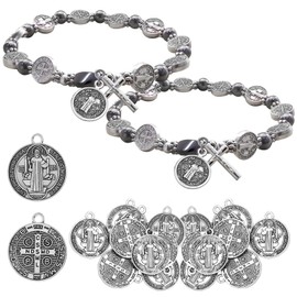 Aswitnove 2 Pcs Silver Saint Benedict Medal Rosary Bracelet with 30 Pcs St Benedict Medals Bulk Set Hematite Catholic Amulet for Women Men, 8 Inch Black