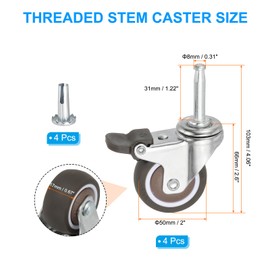 PATIKIL 2 Inch Swivel Caster with Brake Set of 4 Stem Casters 5/16" (8mm) Dia Stem Threaded TPE Wheels 179Lbs Total Load Capacity with Sockets for Furniture Trolley Cart