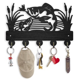 ORIGACH Wooden Fish Key Hooks with 5 Hooks Key Holder for Wall Summer Fishing Wall Mounted Black Coat Hangers Home Decor for Front Door Kitchen Entryway Bedroom Fishing Lover Gift - 11.8x6.7inch
