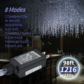 LANFU 1216 LED,98 feet,228 Drops Icicle Lights Clust Christmas Lights Outdoor Indoor Decorations String Lights Plug in,8 Functions Curtain for Party Birthday Thanksgiving Easter Wedding Cool White