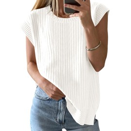 Saodimallsu Womens Crew Neck Sweater Vest Summer Oversized Ribbed Knit Sleeveless Casual Loose Fit Pullover Tank Top White