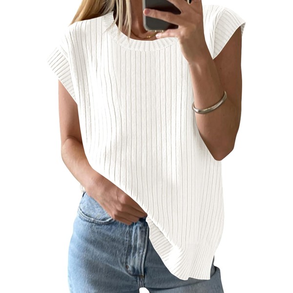 Saodimallsu Womens Crew Neck Sweater Vest Summer Oversized Ribbed Knit