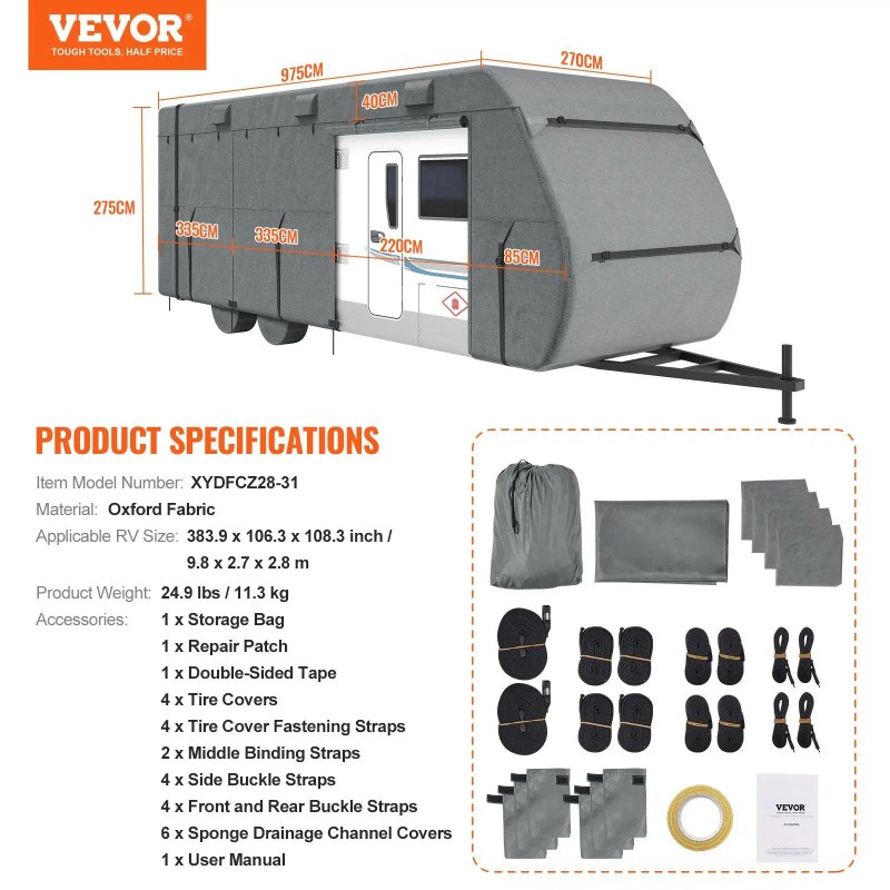 28-31 ft Travel Trailer Cover 300D Oxford Fabric RV Cover