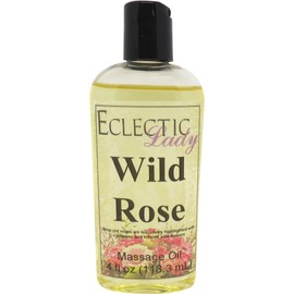 Wild Rose Massage Oil, 4 oz, With Sweet Almond Oil and Jojoba Oil, Preservative Free, Perfect for Aromatherapy and Relaxation