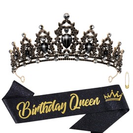 Atoden Birthday Crown and Birthday Queen Sash Black Tiara Birthday Girl Women Crystal Crown Princess Birthday Party Decorations Rhinestone Headband Birthday Accessories for Party