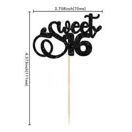 24 decoraciones para magdalenas de 16 cumpleaños con purpurina, dieciséis dulces y 16 púas para magdalenas de 16 años de edad, decoraciones para magdalenas para 16 cumpleaños, aniversario, fiesta, decoración de pasteles, suministros color negro