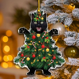 Black Cat Acrylic Christmas Ornament - Fun Holiday Decoration for Cat Lovers for Pet Owners - Festive Tree Ornament with Black Cat in a Christmas Tree Design (2024 Black Cat Tree)