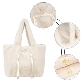 Meliyya Women's Cuddly Handbag Winter Tote Bag Warm Fluffy Shoulder Bag Large Women's Bag Plush Shopper Made of Faux Fur for University Work Girls School, D-knot buttons, white