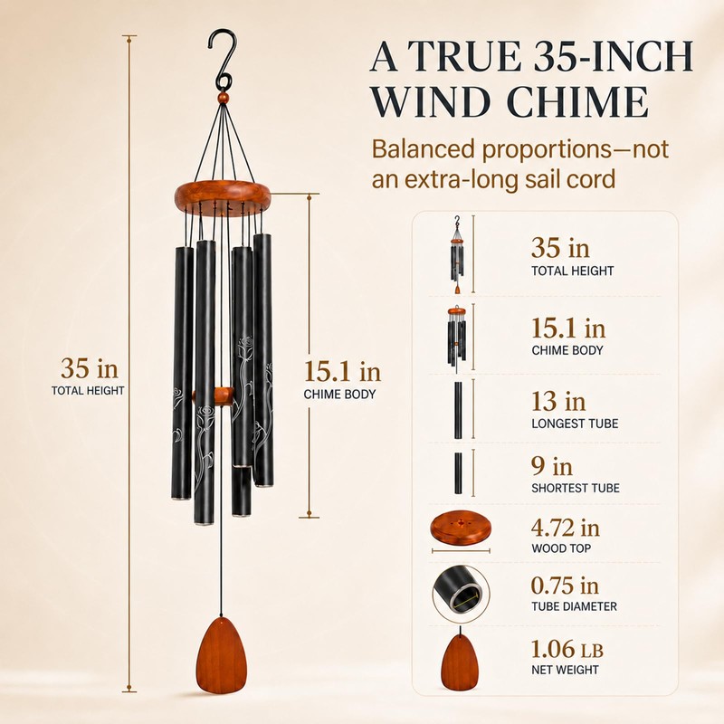 Wind Chimes for Outside, 35 Inch Aluminum Rose Memorial Chime