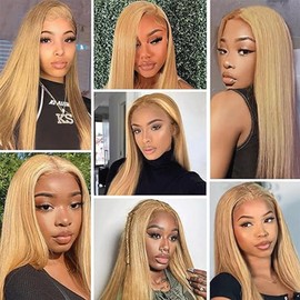 Gsoroel 71 cm (71 cm) (33 x 15 cm) HD Lace Front Wig, Human Hair, #27 Honey Blonde Colour, 150% Density, Straight Lace Front Wig, Human Hair, Pre Plucked, Glueless Wigs, Real Hair