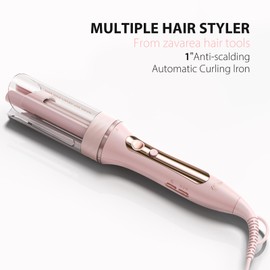Zavarea Automatic Curling Iron, 1 Inch Hair Curler with 5 Temperatures, 3-Ways Rotation & 3-Styling Modes, Anti-Scald & Tangle-Free Self Rotating Curling Wand, Makes Hair Smoother & Shiner (Pink)