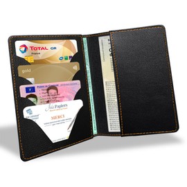 Car Licence Case Motorcycle – Ultra Thin Lightweight Credit Card Holder Made of Pocket for Car Registration / ID / Black Premium Faux Leather with Orange Stitching Gentleman Biker