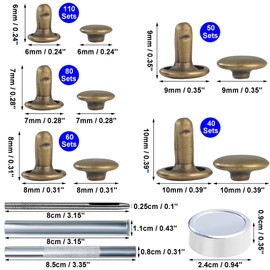 YORANYO 340 Sets Leather Rivets Kit Mixed Sizes Rivets for Leather Double Cap Rivets Studs for Clothing Fabric with Leather Crafting Rivet Tool for Repair Decorate Clothes Shoes Bags Belts (Bronze)