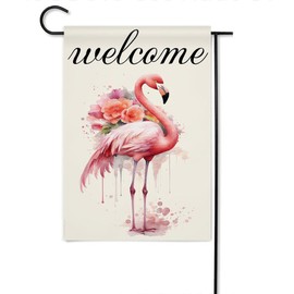 Gkyygk Welcome Pink Flamingo Garden Flag 12x18 Double Sided Watercolor Flowers Banners Yard Flag Welcome Seasonal Farmhouse Yard Outside Decoration