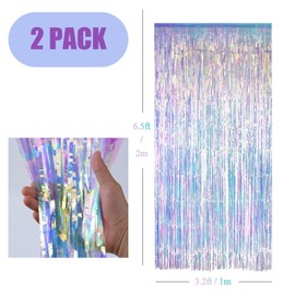 2 Pcs Iridescent Tinsel, Iridescent Backdrop, Holographic Tinsel Foil Fringe Curtain, Rainbow Party Streamers Backdrop for Mermaid Disco Unicorn Birthday Party(3.2x6.5 Feet/1m x 2m)