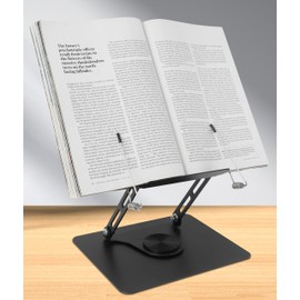 Book Stand for Reading, Wooden Desktop Ricer, Foldable Book Holder with 360° Swivel Base, Cookbook Stand with Elastic Page Clips for Home Office, Laptop, Tablet,
