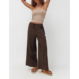 Faleave Women's Linen Palazzo Pants Summer Wide Leg High Waist Casual Lounge Pant Trousers with Pocket(Coffee-XL)