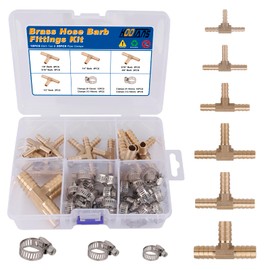 KOOTANS 18PCS Brass Hose Barb Fittings Barb Tee T-Fitting 3 Way Union Kit 1/8″ 3/16" 1/4" 5/16" 3/8" 1/2" Barbed Air Hose Fittings with 30pcs Pipe Clamps for Water Fuel Air Line Connector Fitting