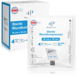 Health Press® Sterile Dressings 10 x 10 cm - 40 Wound Dressings in a Set (20 x 2 Pieces) - Dressing Material for Wound Care - Gauze Dressings 4-Ply - Sterile Wound Dressings - Dressings