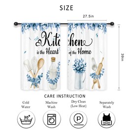 Riyidecor Navy Blue Teal Eucalyptus Leaves Kitchen Curtains Small Short Leaf Plants Country Botanical Country Rod Pocket Natural Spring Bedroom Living Room Treatment Fabric 2 Panels 27.5Wx39H Inch