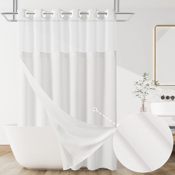 Jowels Linen No Hook Shower Curtain and Liner, White No