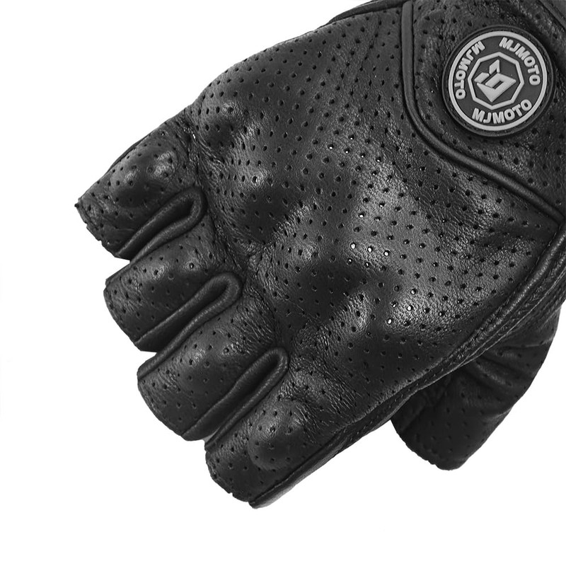 mjmoto Motorcycle Gloves Goat Leather Fingerless Vintage Perforated Black (Black,