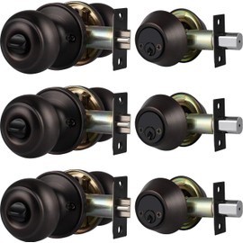 Brotima 3 Pack Keyed Alike Door Knob with Double Cylinder Deadbolt Lock Set, Oil Rubbed Bronze Door Lock Sets Exterior, Round Style Door Knob Deadbolt Combination Set