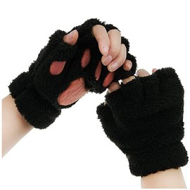 Women's Cat Gloves Kawaii Gloves Plush Cute Cartoon Thick Fleece Bear's Gloves Cosplay Cat Fingerless Gloves Girls Half Finger Gloves Arm Warmers Winter Warm Gloves (Black, One Size)