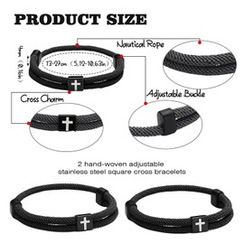 Moguri Pack of 2 Men's Leather Bracelet with Cross, Handmade Adjustable Bracelet with Stainless Steel Square Cross Pendant for Men, Jesus Bracelet, Black, Milanese Rope Stainless Steel