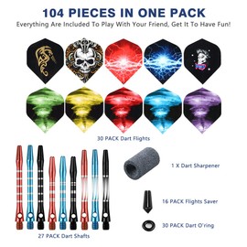Dart Accessories Kit Including Aluminum Dart shafts,Dart Flights, Flight Savers, Sharpener, O-Rings -Bulk Pack of 104 Pieces