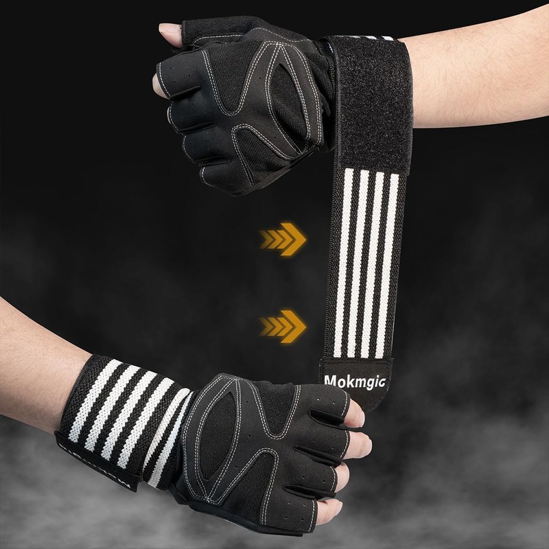 Mokmgic フィットネスグローブ リストサポート機能付き - 滑り止めシリコングリップ & 衝撃吸収パームクッション トレーニング/クロスフィット/ロッククライミング/自転車用 男女兼用 (ブラック)