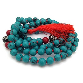 Hand Knotted Tibetan Turquoise 108 Beads Full Mala Necklace with Om Bead and Red Coral Spacers Hand Knotted