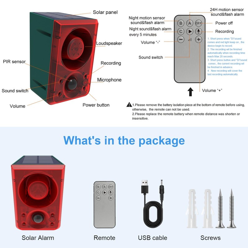 ChunHee Solar Outdoor Motion Sensor Alarm with Dog Barking Gunshot