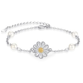 TANGPOET Pearl Bracelet Gold Bracelet for Women 14 Carat Gold-Plated Pearl Bracelet Trendy Jewellery Gift for Women and Girls Adjustable, Sterling Silver