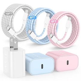 Hzevn Carga Rápida USB C de 20W para iPhone 17 Air/16/15 Pro Max, Paquete de 3 Cargadores Coloridos Mixtos con Cables USB C a C Largos Trenzados (6/6/